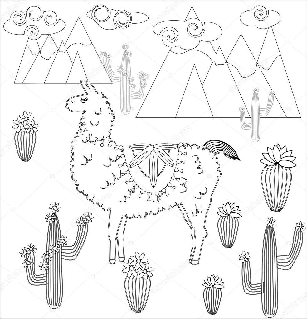 Coloring page of cartoon lama. Lama, coloring for adults and children