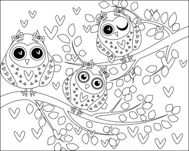 Yetişkin yaş ve üstü çocuklar için boyama kitabı. Boyama sayfası ile şirin baykuş ve çiçek.