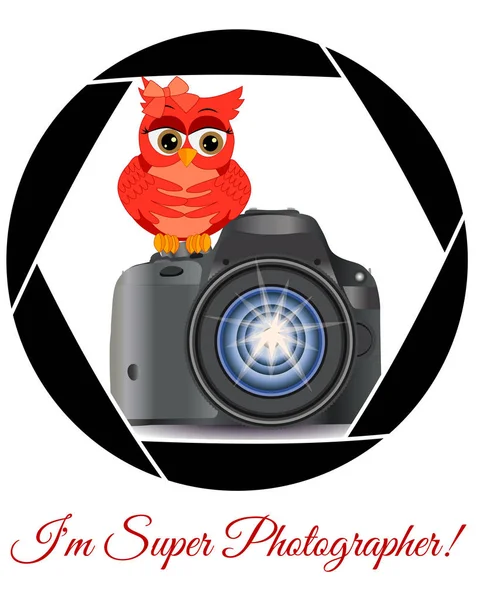 Belle Dessin Animé Hibou Rouge Assis Sur Bouton Démarrer Caméra — Image vectorielle