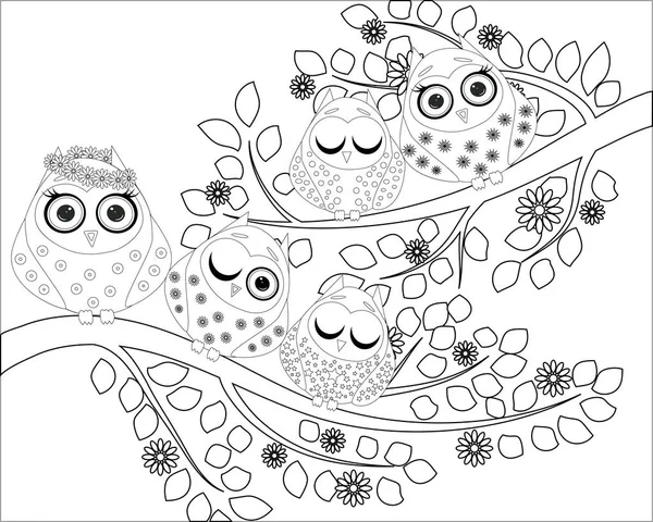 成人和年长儿童着色书 着色页与可爱的猫头鹰和花卉 — 图库矢量图片