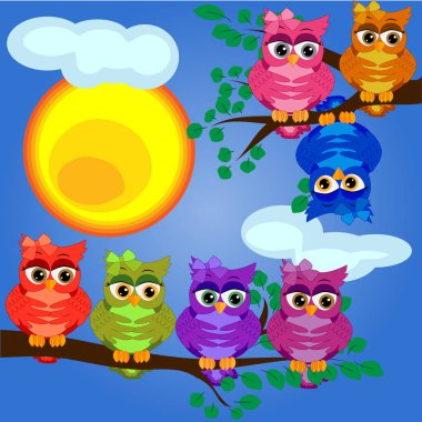 parlak, çizgi film, güzel, renkli baykuş-kızlar bir ağaç dalı. Sabah, Kahvaltı