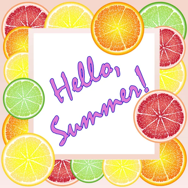 Different Fruits Pattern Hello Summer Text — Stock Vector