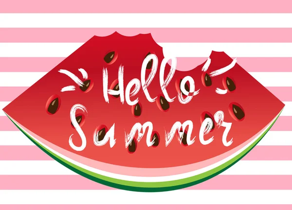 Hallo Sommer Grußkarte Plakat Druck Vektor Typographischer Hintergrund Mit Wassermelonenscheibe — Stockvektor