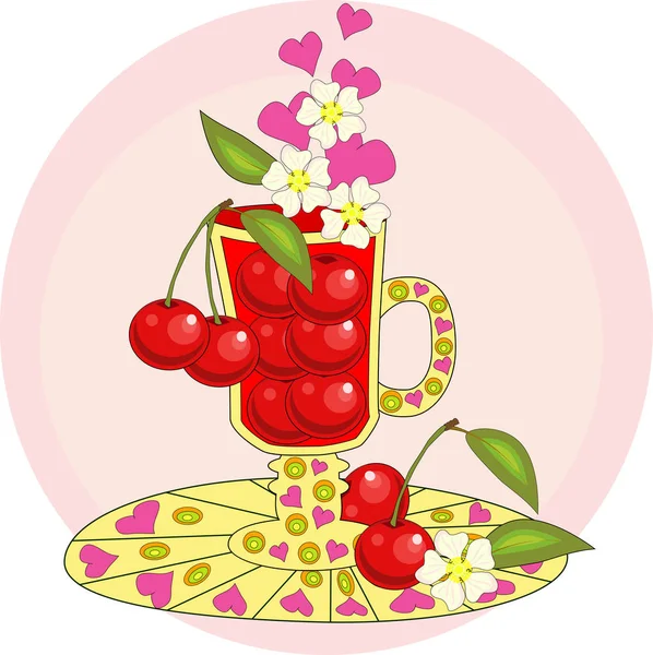 Cherry Tea Tea Cooked Love Tall Glass Mulled Wine Berries — Stock Vector