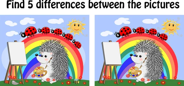 Βρείτε τις διαφορές μεταξύ των εικόνων. Παιδικό εκπαιδευτικό παιχνίδι. Ένας καλλιτέχνης σκαντζόχοιρος σε ένα ξέφωτο με ένα ουράνιο τόξο αντλεί ένα καβαλέτο — Διανυσματικό Αρχείο