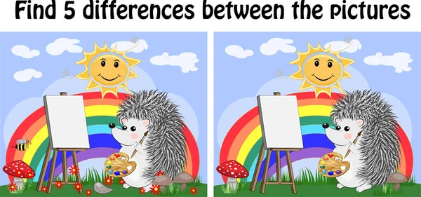 Resimler arasındaki farkları bulun. Çocuk eğitim oyunu. Bir takas bir gökkuşağı ile bir kirpi sanatçıya bir şövale üzerinde çizer — Stok Vektör