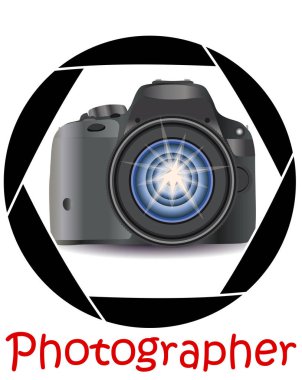 Bir gerçekçi modern fotoğraf makinesi fotoğraf makinesinin diyafram çerçevesinde. Konsept Fotoğraf, meslekler, fotoğraf iş. Yazıt fotoğrafçı