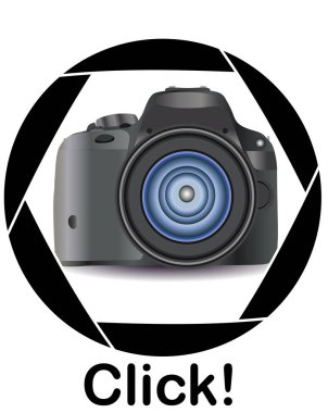 Bir gerçekçi modern fotoğraf makinesi fotoğraf makinesinin diyafram çerçevesinde. Konsept Fotoğraf, meslekler, fotoğraf iş. Yazıt tıklayın
