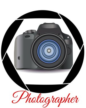 Bir gerçekçi modern fotoğraf makinesi fotoğraf makinesinin diyafram çerçevesinde. Konsept Fotoğraf, meslekler, fotoğraf iş. Yazıt fotoğrafçı