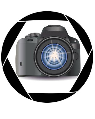 Bir gerçekçi modern fotoğraf makinesi fotoğraf makinesinin diyafram çerçevesinde. Konsept Fotoğraf, meslekler, fotoğraf iş