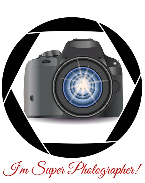 相机膜片的框架内的一种逼真的现代摄像机 概念摄影 照片业务 题字我是一个超级摄影师 — 图库矢量图片