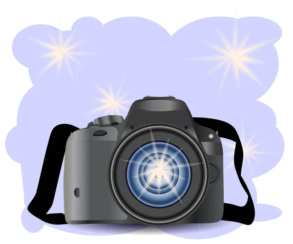 Camera Moderne Réaliste Sur Fond Bleu Avec Flashs Photographie Vectorielle — Image vectorielle