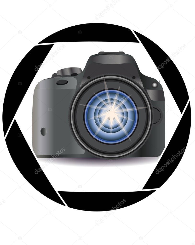 A realistic modern camera in the frame of the camera's diaphragm. Concept photography, vocations, photo business