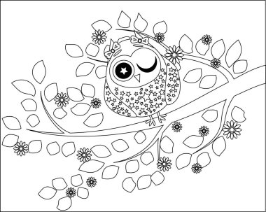 Yetişkin yaş ve üstü çocuklar için boyama kitabı. Boyama sayfası ile şirin baykuş ve çiçek.