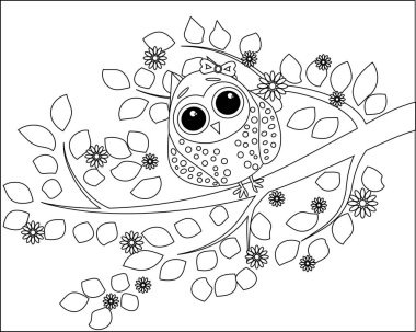 Yetişkin yaş ve üstü çocuklar için boyama kitabı. Boyama sayfası ile şirin baykuş ve çiçek.