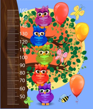 Kids height meter with cute owls. Funny stadiometer from 50 to 160 centimeter. clipart