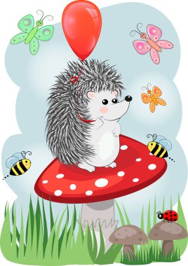Lovely Cartoon hedgehog sits on a fly agaric mushroom, baby card clipart