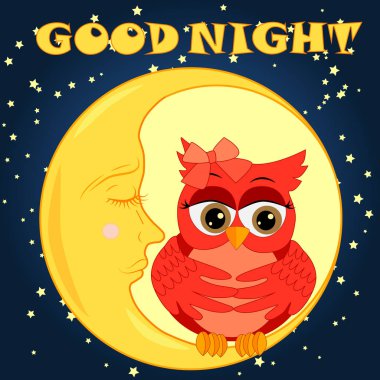 Bir hat için rüya rüyalar, tatlı peri masalı pembe baykuş ninni söylüyor, gökyüzü, ay ve yıldız bir karanlık gece gökyüzü ve yıldızlar arasında ayın uyuyan bir orak oturan uyuşturur