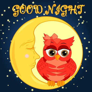 Bir hat için rüya rüyalar, tatlı peri masalı pembe baykuş ninni söylüyor, gökyüzü, ay ve yıldız bir karanlık gece gökyüzü ve yıldızlar arasında ayın uyuyan bir orak oturan uyuşturur