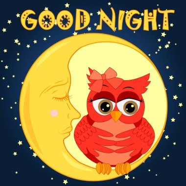 Bir tatlı karikatür pembe baykuş uyuyan bir kap içinde uyuyan bir orak bir karanlık gece gökyüzü ve yıldızlar arasında ayın üzerinde oturan rahatlatır