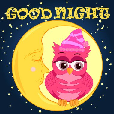 İyi geceler ay ve sevimli baykuş uyku ile kart. Sevimli çizgi baykuş cilveli oturma hilal yıldız ile gece gökyüzüne karşı üzerinde uyuyan