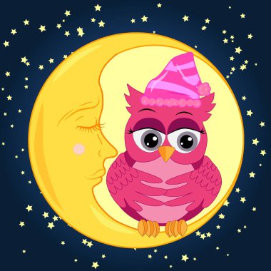 Bir hat için rüya rüyalar, tatlı peri masalı pembe baykuş ninni söylüyor, gökyüzü, ay ve yıldız bir karanlık gece gökyüzü ve yıldızlar arasında ayın uyuyan bir orak oturan uyuşturur