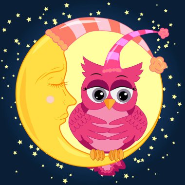 Bir tatlı karikatür pembe baykuş uyuyan bir kap içinde uyuyan bir orak bir karanlık gece gökyüzü ve yıldızlar arasında ayın üzerinde oturan rahatlatır