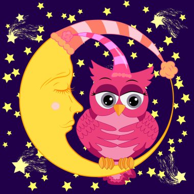 Bir tatlı karikatür pembe baykuş uyuyan bir kap içinde uyuyan bir orak bir karanlık gece gökyüzü ve yıldızlar arasında ayın üzerinde oturan rahatlatır