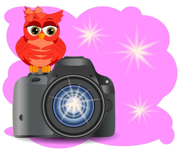 Сова Сидить Кнопці Пуск Реалістичної Сучасної Камери Рожевому Тлі Спалахами — стоковий вектор