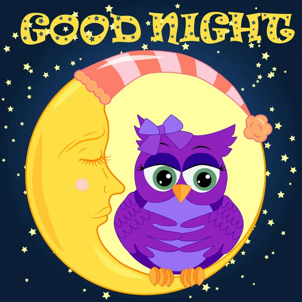 良好的夜卡与睡眠月亮和可爱的猫头鹰 可爱的卡通猫头鹰风骚坐在新月对夜空与星星 — 图库矢量图片