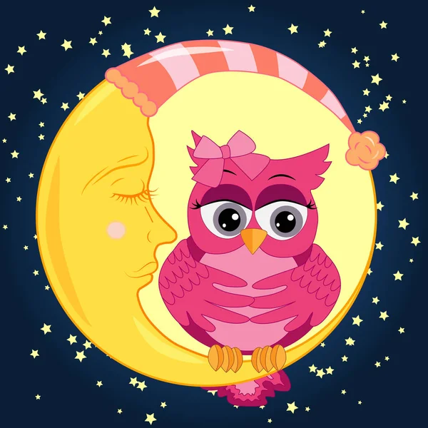 Sad Lonely Pink Cartoon Owl Bow Can Sleep Night Sitting — Stock Vector