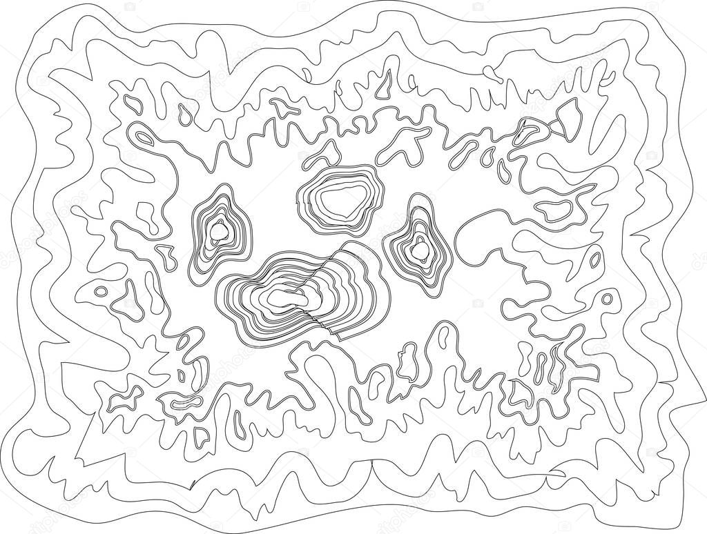 vector black and white map pattern with abstract topographical contour lines of mountains, latitude and longitude line, topography map art drawing with no names