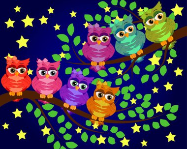 İyi geceler, tatlı rüyalar. Ay, yıldızlar ve baykuş gece sahne. Baykuş dalı. Ay yıldız yaptı. Doğa.