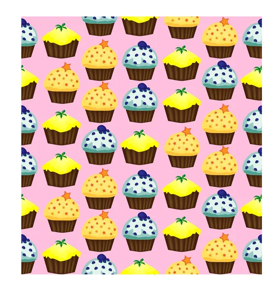 Γενέθλια με φόντο. Απρόσκοπτη μοτίβο με κεκάκια και muffins. Χαριτωμένο χαρακτήρες κινουμένων σχεδίων, emoji. Kawaii cupcakes. Εικονογράφηση διάνυσμα — Διανυσματικό Αρχείο