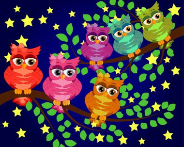 İyi geceler, tatlı rüyalar. Ay, yıldızlar ve baykuş gece sahne. Baykuş dalı. Ay yıldız yaptı. Doğa.