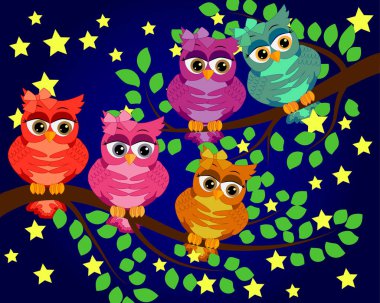 İyi geceler, tatlı rüyalar. Ay, yıldızlar ve baykuş gece sahne. Baykuş dalı. Ay yıldız yaptı. Doğa.