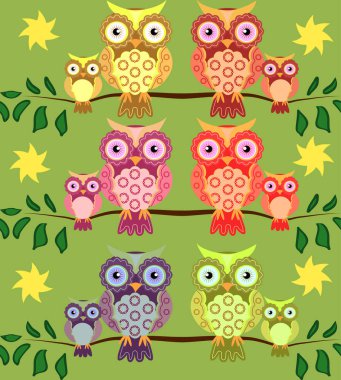 Aile ve doğa konulu seamless modeli. Bir ağaç dalı çiçekler ve kelebekler arasında oturan baykuşlar bir ailenin.