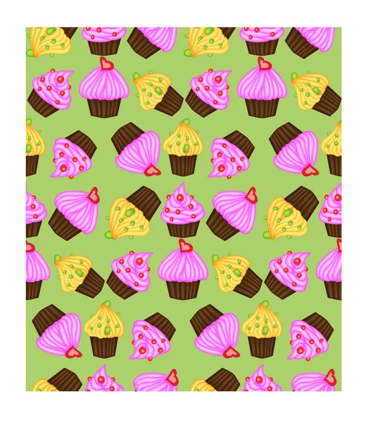 Antecedentes. Padrão sem costura com cupcakes e muffins. Personagens de desenhos animados bonitos, emoji. Cupcakes Kawaii. Ilustração vetorial — Vetor de Stock