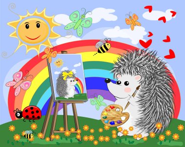 Sanatçı kirpi doğa manzara resmi boyar. Sanat, aşk kavramını. Sanatçı bir portre sevgili boyar. Güneş, bulutlar, çiçekler, karikatür yatay
