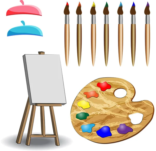 木画架与空的帆布 调色板和艺术家的画笔和帽子的女孩和男孩 — 图库矢量图片