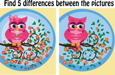 Çocuk Oyunları: bul farklılıklar. Küçük şirin baykuş ağaç dalı üzerinde oturur.