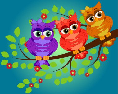 Komik baykuşlar çiçekler dalda üzerinde. Bahar kavramı. Parlak illüstrasyon, yaz duvar kağıdı