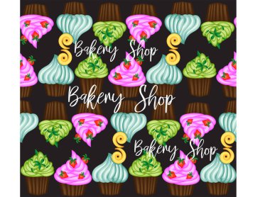 Vektör kek ya da pasta kreması ve vişne ile. Vintage yazıt ile renkli düz illüstrasyon