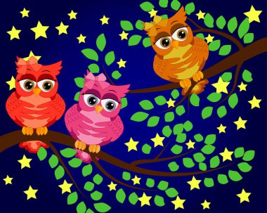 İyi geceler, tatlı rüyalar. Ay, yıldızlar ve baykuş gece sahne. Baykuş dalı. Ay yıldız yaptı. Doğa.