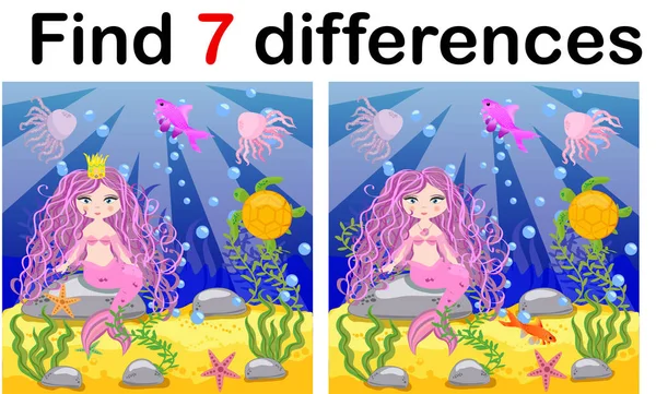 Unterschiede Finden Spiel Für Kinder Meerjungfrau Unter Wasser Cartoon Stil — Stockvektor
