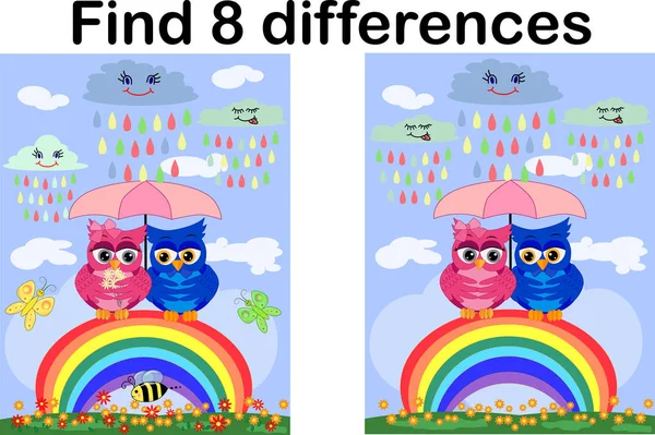 Find the differences between the pictures. Developmental game for children. Owls are sitting on a rainbow