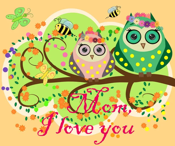 Mother\'s Day greeting card. The owl mommy and a bird. Colorful spring flowers