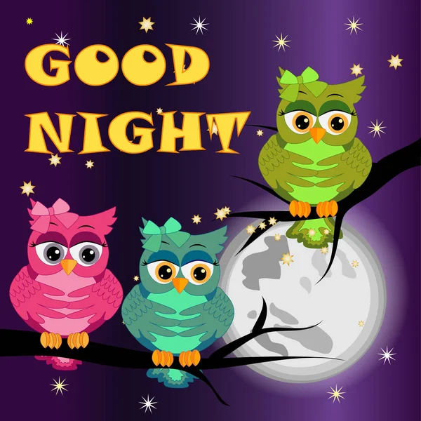 Good night card with a sleeping owls and moon