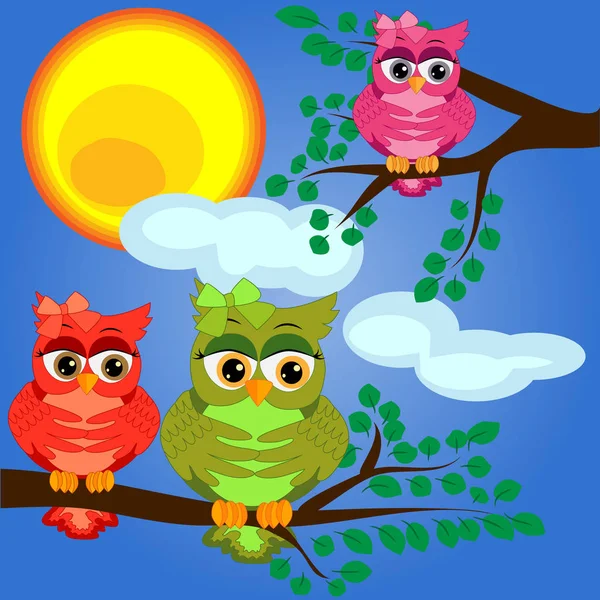 Ljusa Tecknad Härliga Färgglada Owl Flickor Gren Ett Träd Morgon — Stock vektor