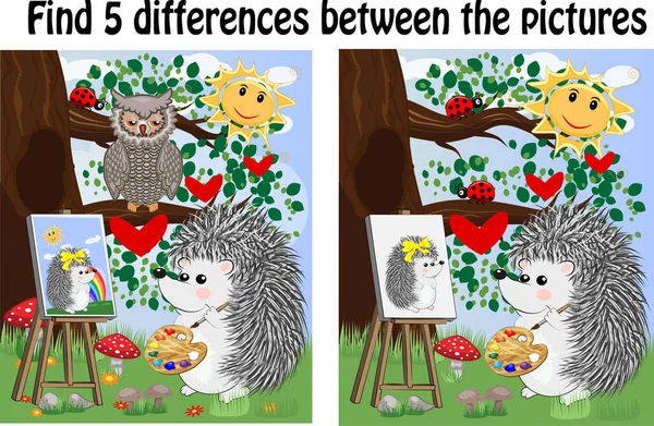查找图片之间的差异 儿童教育游戏 林间空地上的刺猬画在画架上 猫头鹰坐在树枝上欣赏 — 图库矢量图片